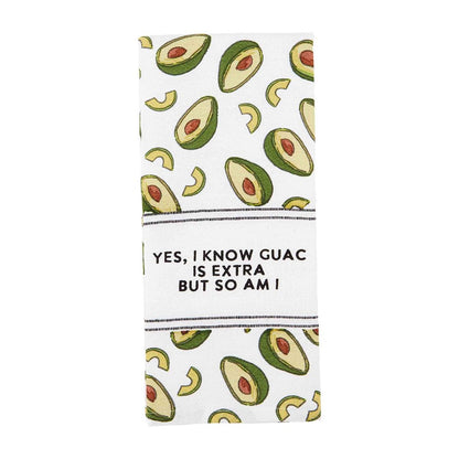 guac fiesta towel wit all-over avocado design and text "yes, I know guac is extra but so am I"  on a white background