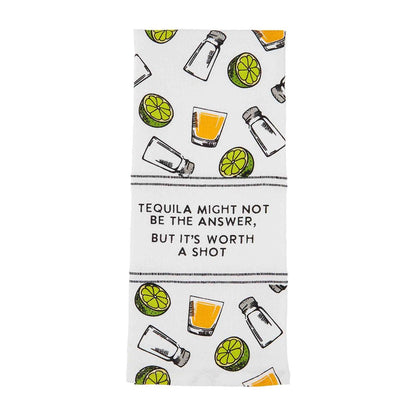 tequila fiesta towel with all-over shot glass, lime, and shaker design and text "tequila might not be the answer, but it's worth a shot" on a white background
