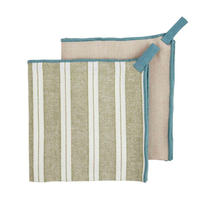 stripe and solid blue stitch edge towel set displayed on a white background