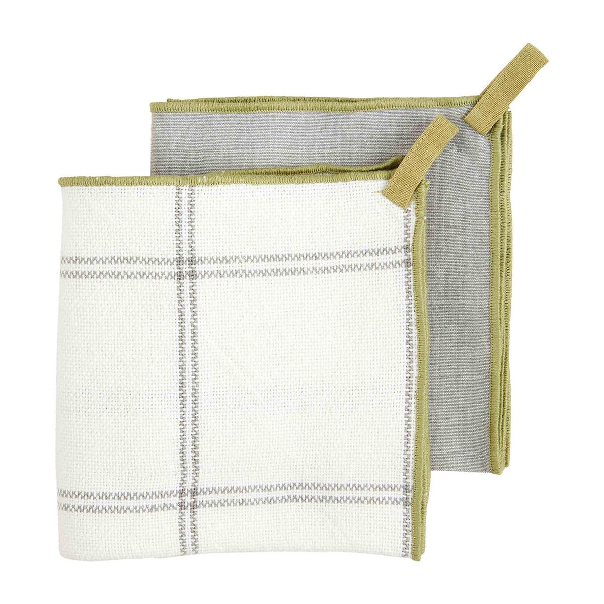 checked and solid gray, green  stitch edge towel set displayed on a white background