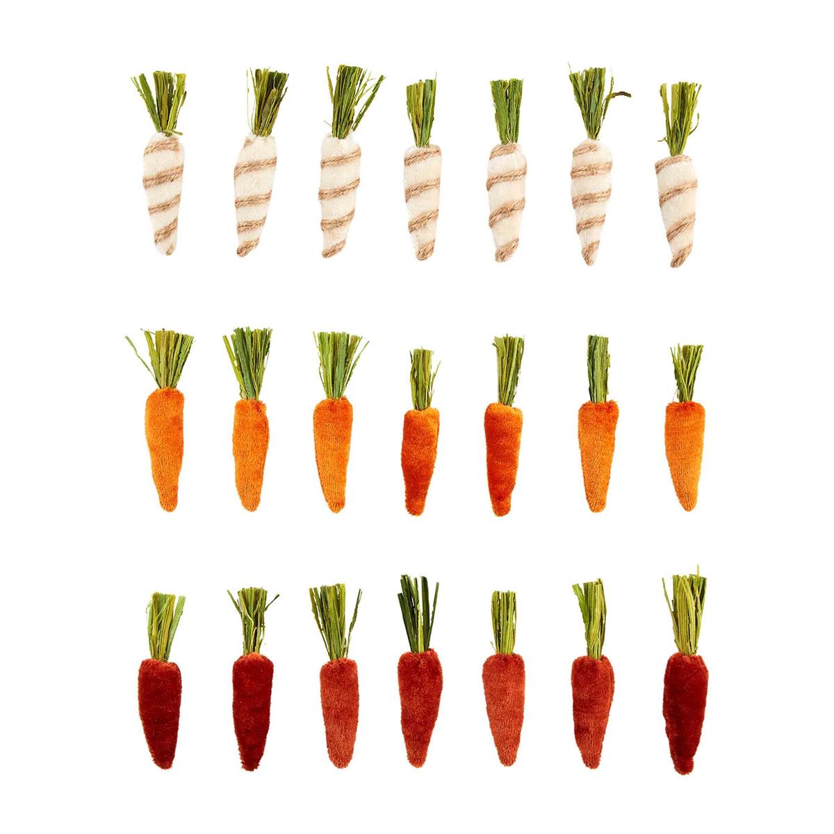 all three colors and patterns of mini carrots spread out and displayed on a white background
