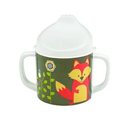 sippy cup with flowers surrounding a colorful animals on it.