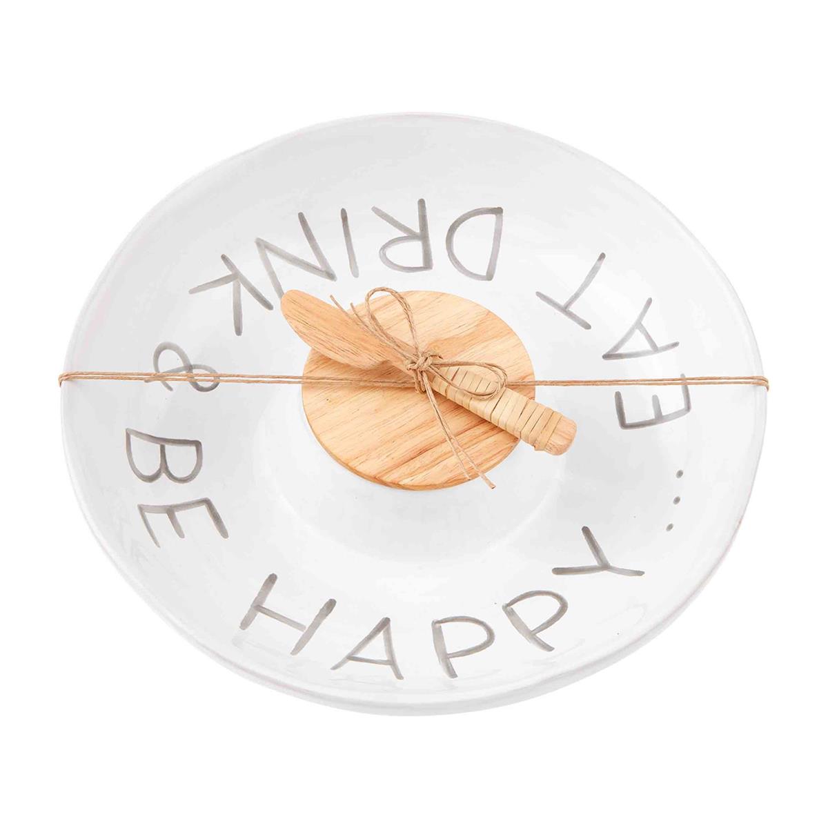 happy chip and dip with spreader tied together with twine on a white background