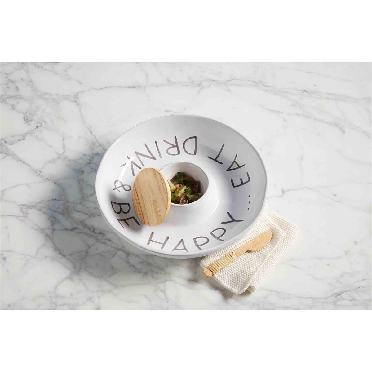 happy chip and dip set displayed next to the spreader on a white and gray marble surface