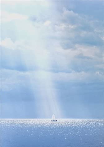 front of card is a photograph of a still ocean with a sunbeam shining down on a sailboat