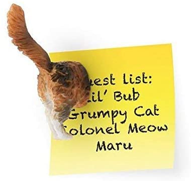 a cat butt magnet holding up a yellow sticky note on a a white background
