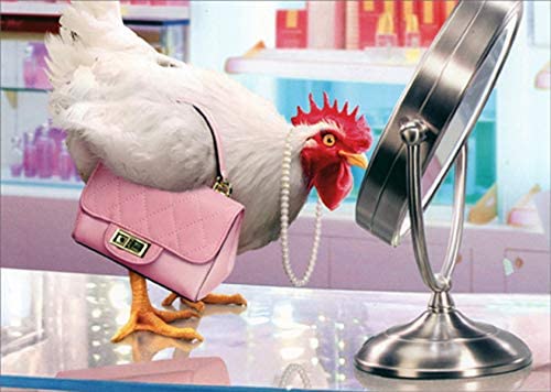 front of card is a photograph of a rooster standing on a cosmetic counter looking in a mirror