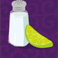 front of card is a drawing of a salt shaker and a lime slice on a purple background
