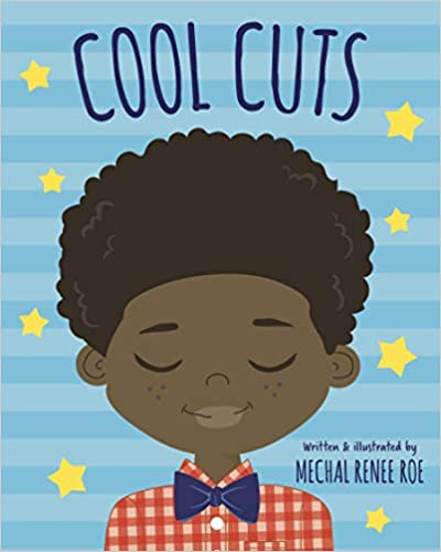 front cover of book with blue stripes with illustration of a boy, title, and author and illustrators name