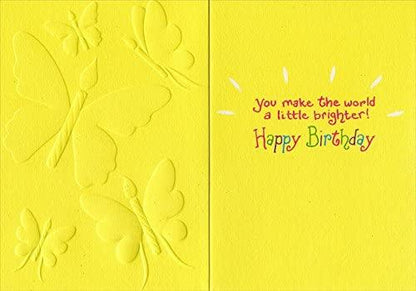 inside of card is yellow with text "you make the world a littler brighter happy birthday"