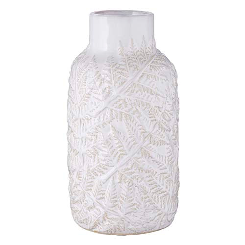 tall white vase with a raised fern leaf design on it.