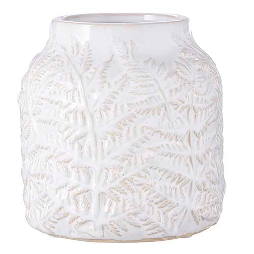 creamy white ceramic vase with raised fern pattern.