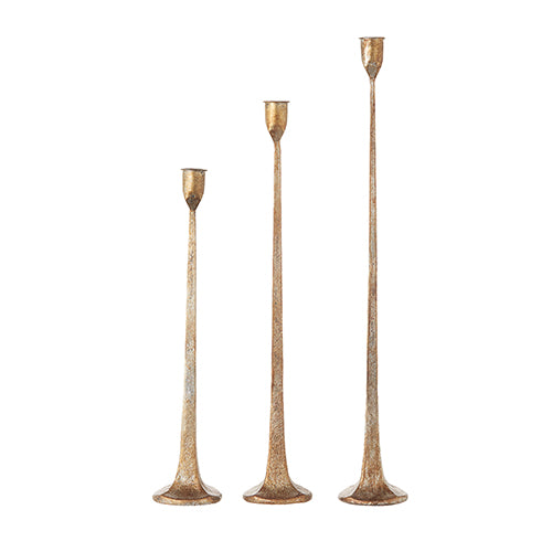 small, medium, and large gold taper candle holders.