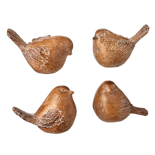4 birds with a wood carved look on white background.