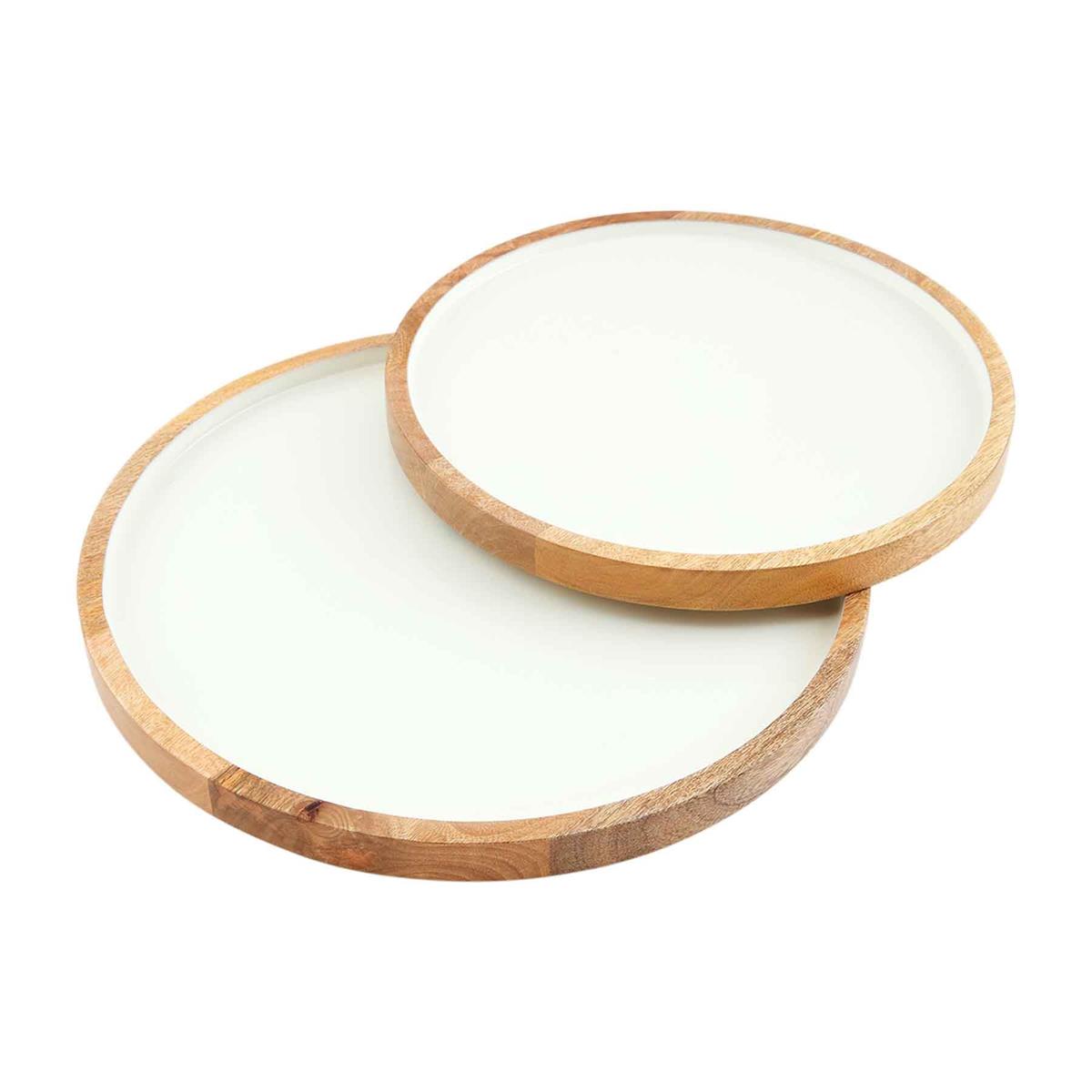 small and large wood and enamel trays on a white background