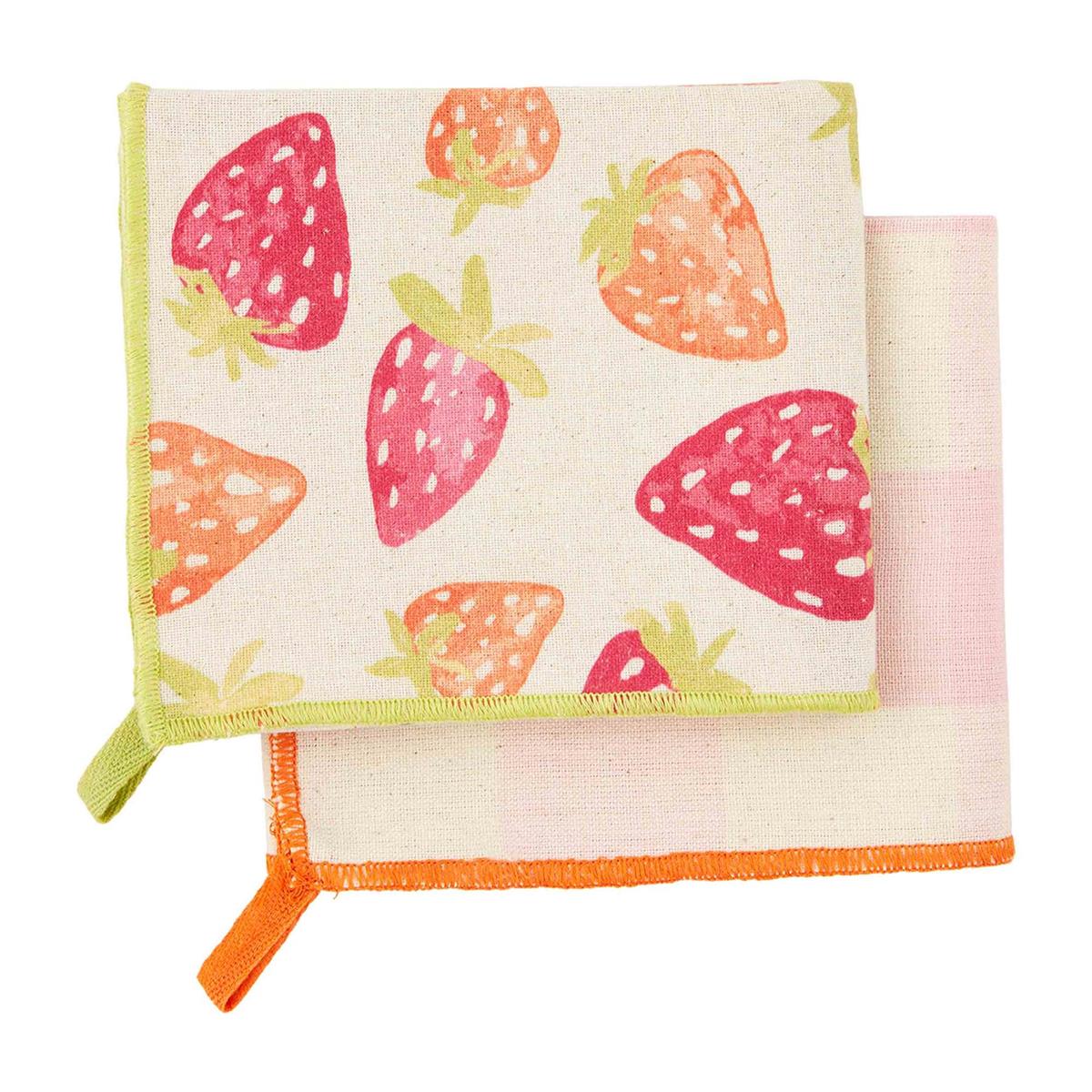berry and pink plaid towels on a white background