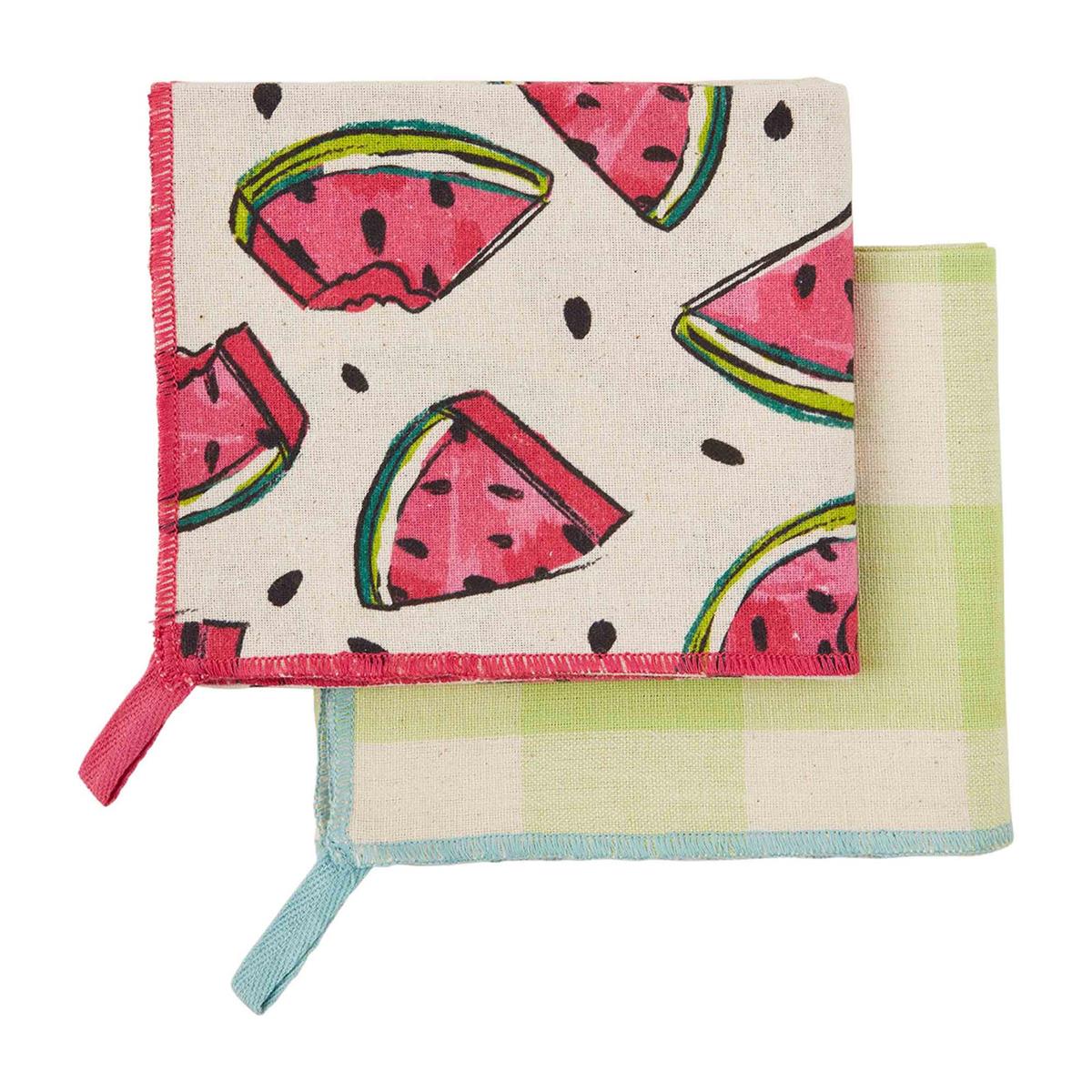 watermelon and green plaid towels on a white background