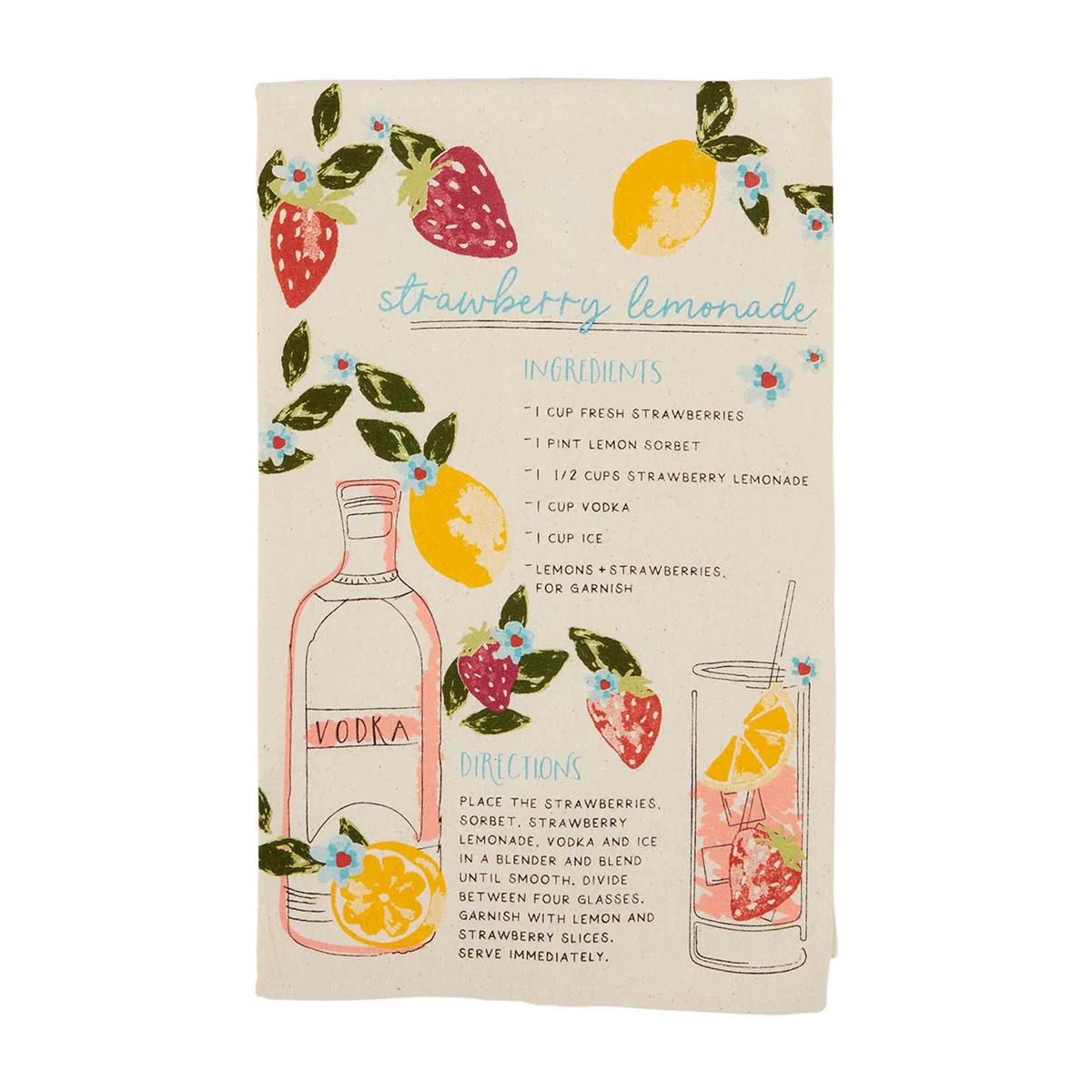 lemonade drink recipe towel has drawings of strawberries, lemons, bottle of vodka and a recipe on a white background