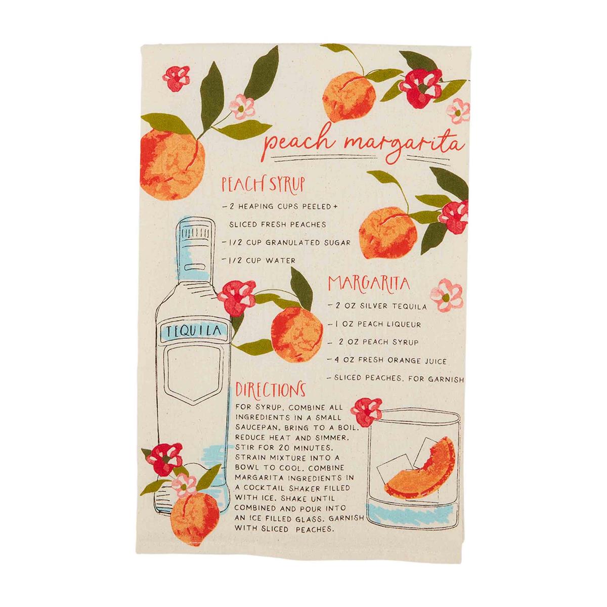peach drink recipe towel with drawings of peaches, pink flowers, a glass with ice, bottle of tequila, and a recipe on a white background 