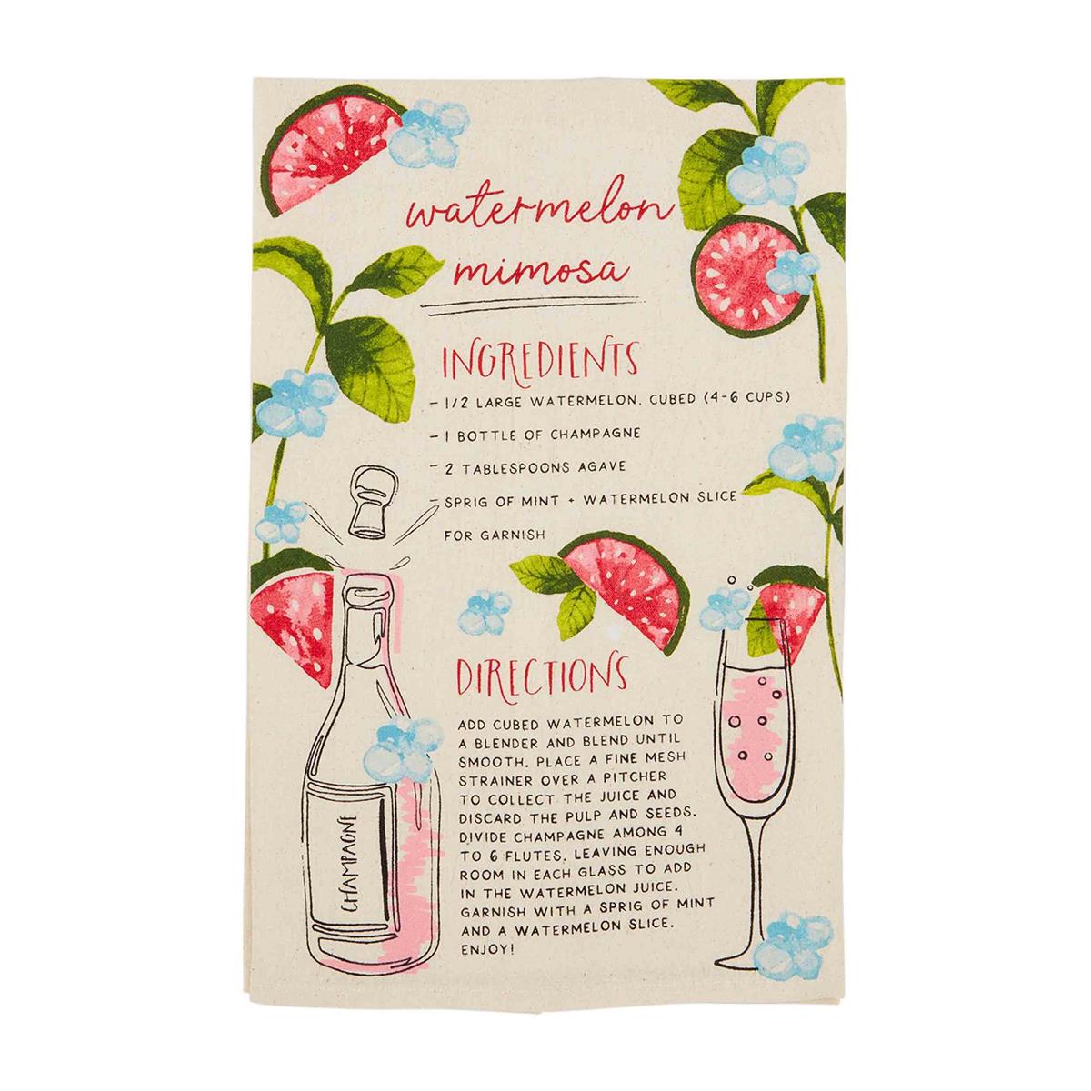 watermelon drink recipe towel with drawings of blue flowers, watermelon slices, champagne bottle, wine glass, and recipe on a white background