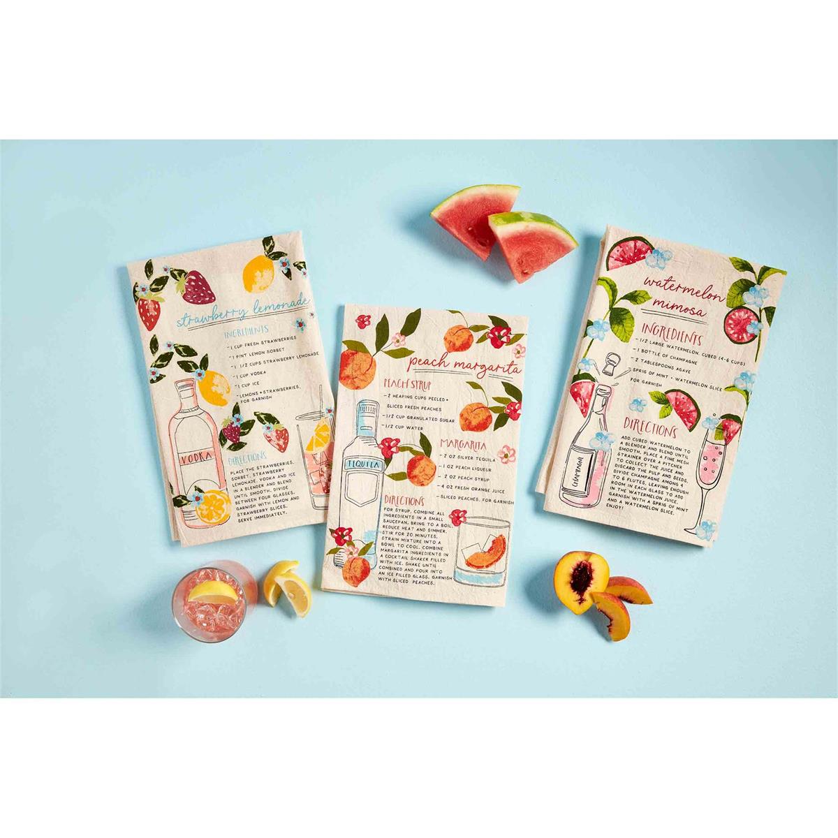all three drink recipe towels displayed with a drink, lemon wedges, sliced watermelon, and peaches on a blue background