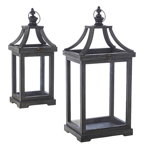 both sizes of rustic black lanterns displayed against a white background