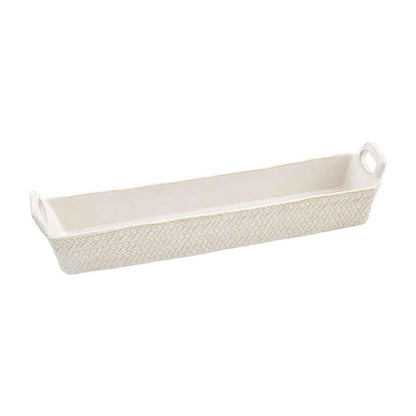 small basket weave cracker dish on a white background