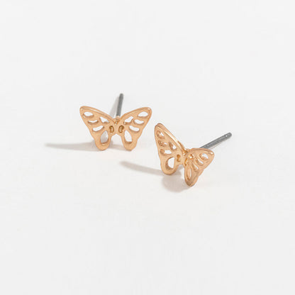 gold butterfly stud earrings on a white background