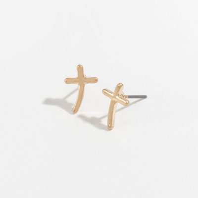 gold cross stud earrings on a white background