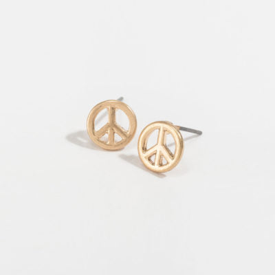gold peace sign stud earrings on a white background