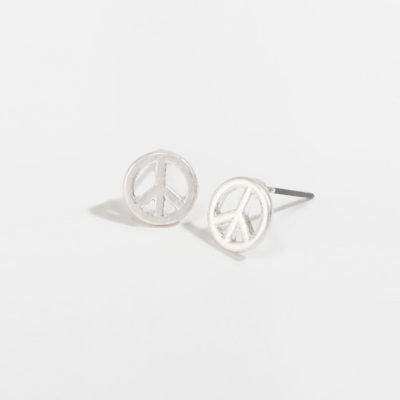 silver peace sign stud earrings on a white background
