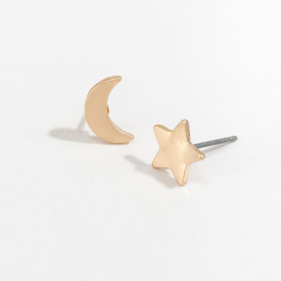 gold moon and star stud earrings on a white background
