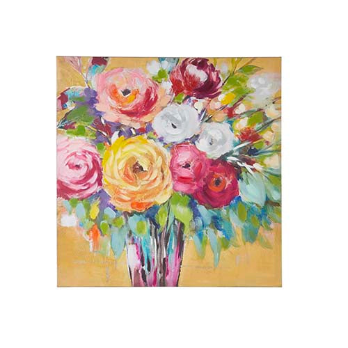 floral canvas wall art has a vase filled with bright colorful flowers on a orange background