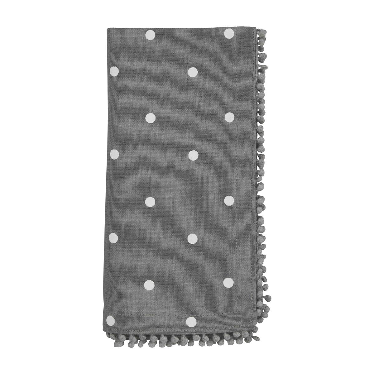 folded gray dot pom napkin on a white background