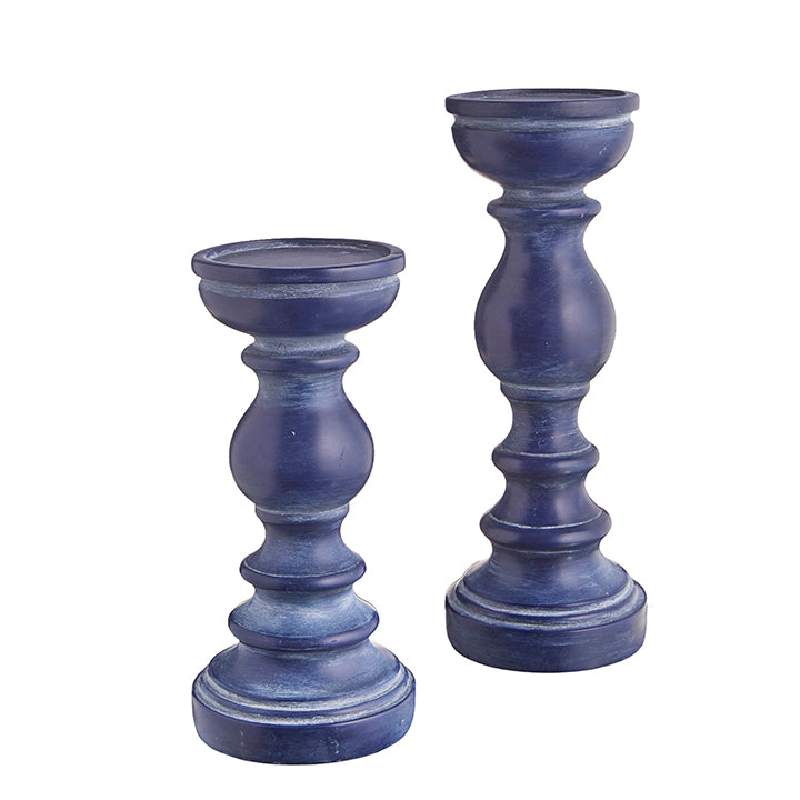 both styles of cobalt candle holders displayed against a white background