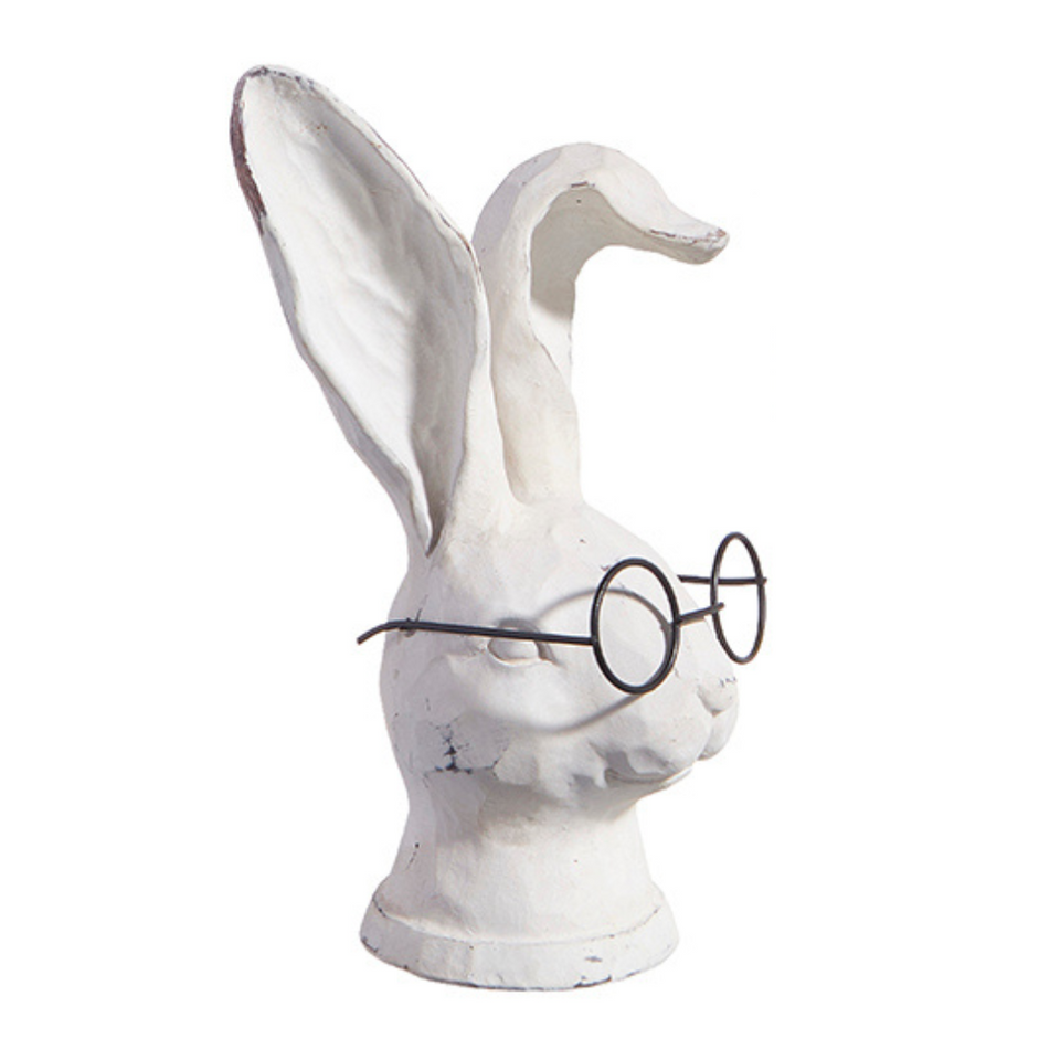 white bunny with one ear slightly flapped down wearing black rim glasses.