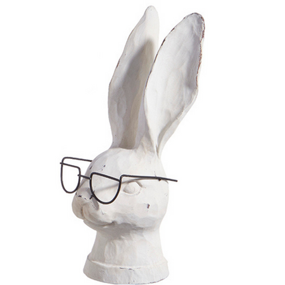 white bunny with both ears standing upright wearing black rim glasses.