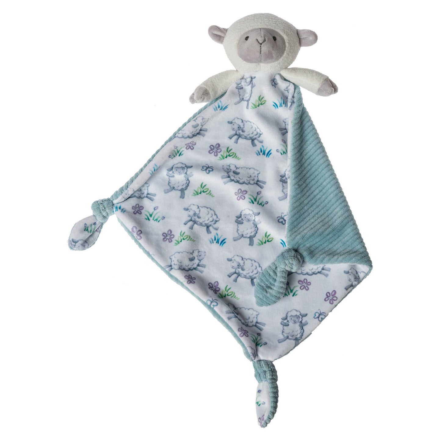 little knotties lamb blanket is solid blue on one side and white with lambs scattered all over it. has knots tied into three of the four corners with a lamb on the fourth