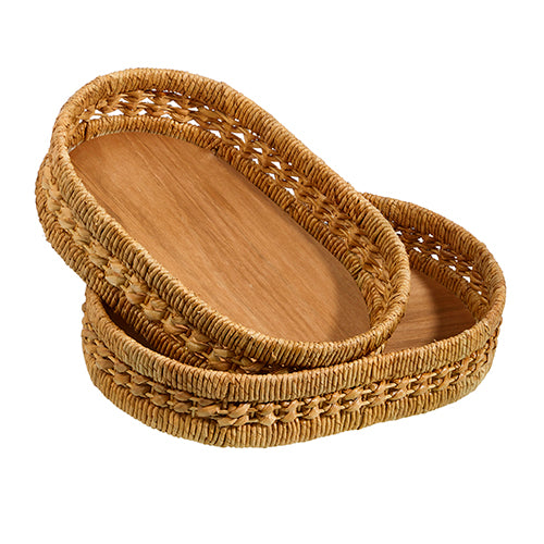 both sizes of woven oval trays displayed against a white background