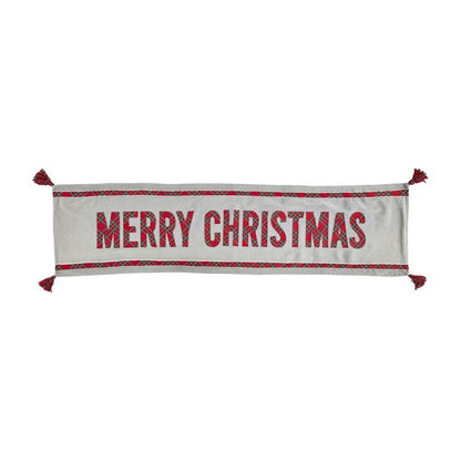 reversible tartan table runner on the merry christmas side on a white background