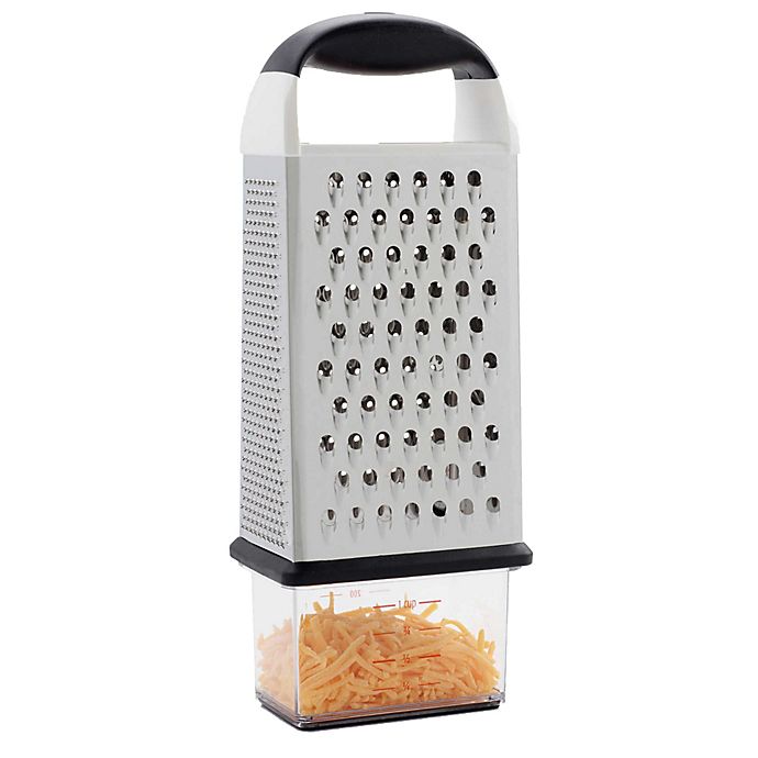 box grater with acrylic catch-cup filled with grated cheese.