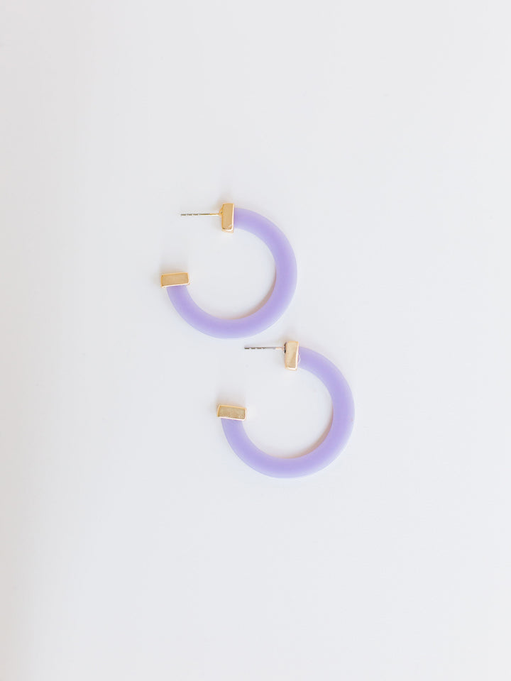 violet hoop earrings with gold ends on a white background.