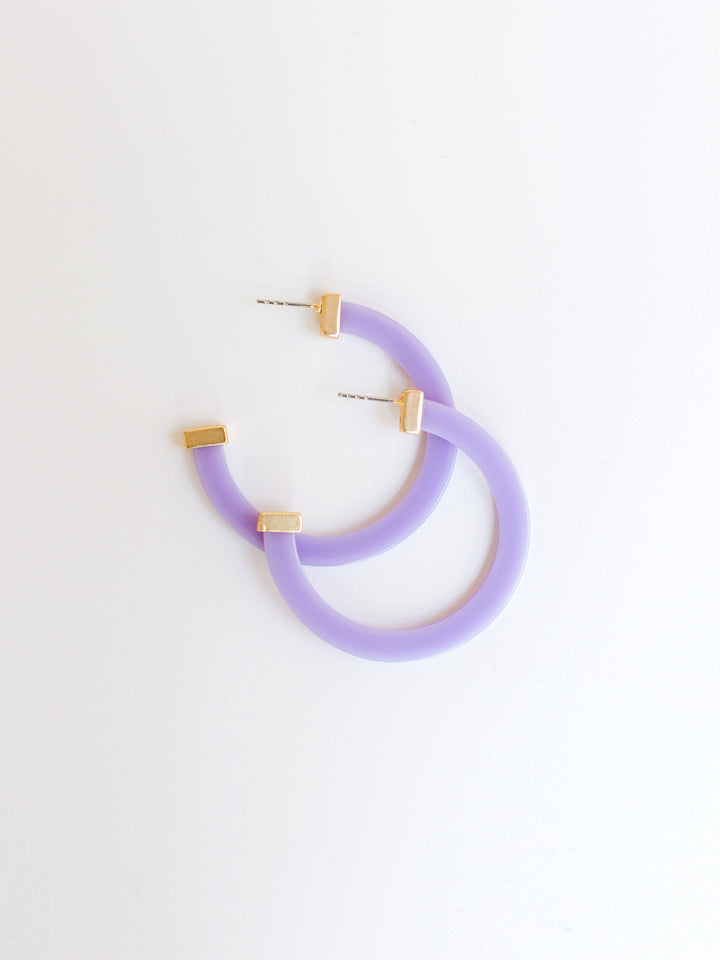 violet hoop earrings with gold ends on a white background.