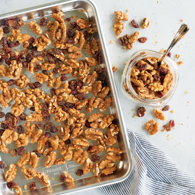 quarter sheet pan filled with toasted nuts.