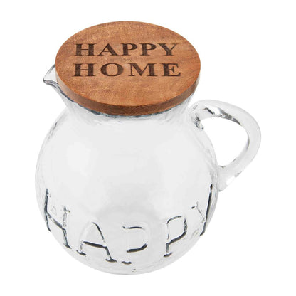 top angled view of the happy pitcher with wood lid against a white background