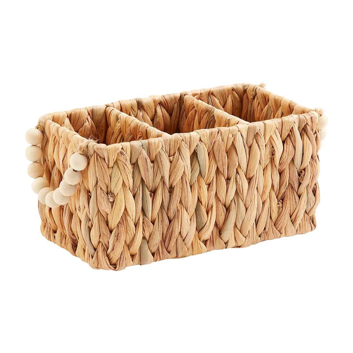 woven basket with 3 sections and beaded handles on a white background.