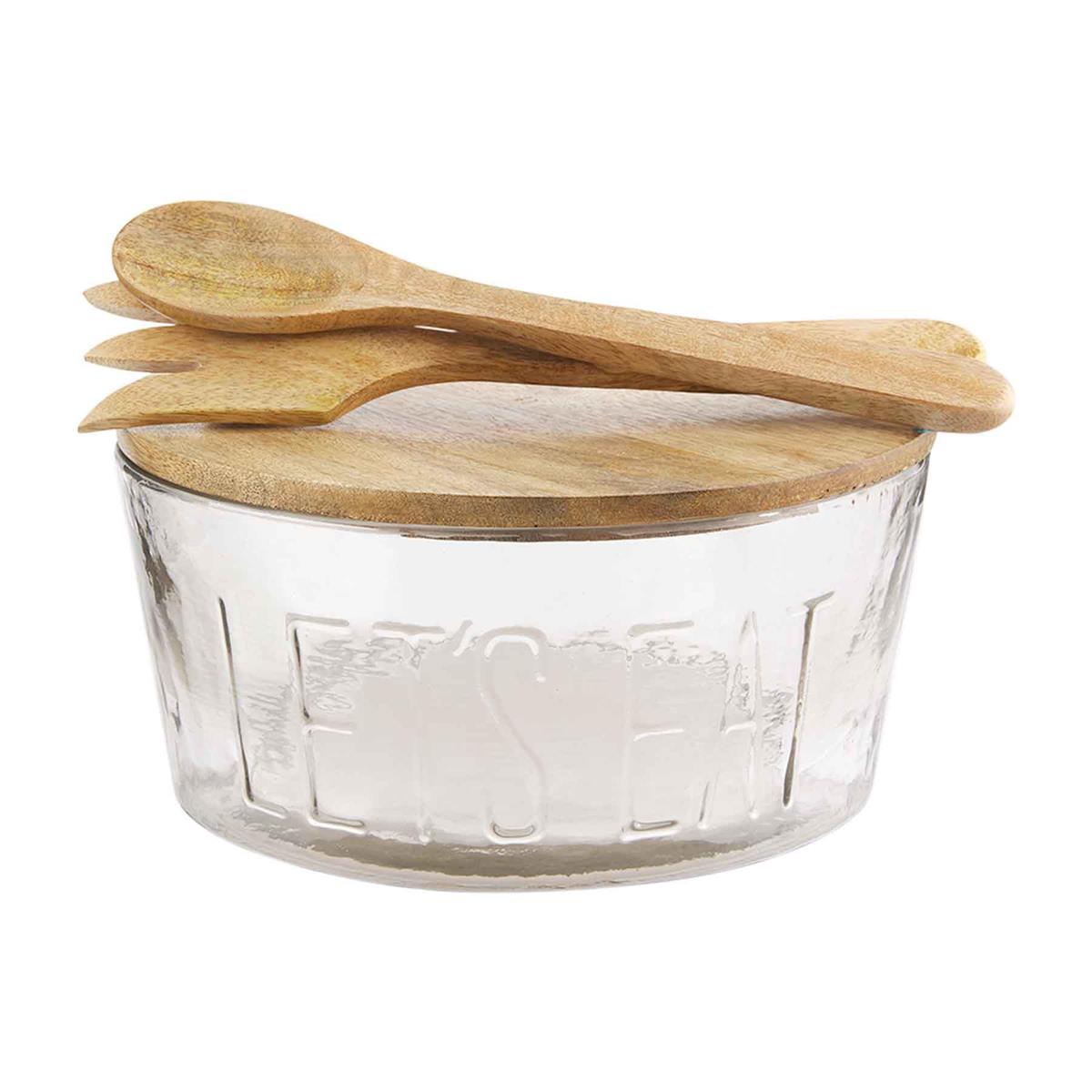 let's eat glass bowl set on a white background