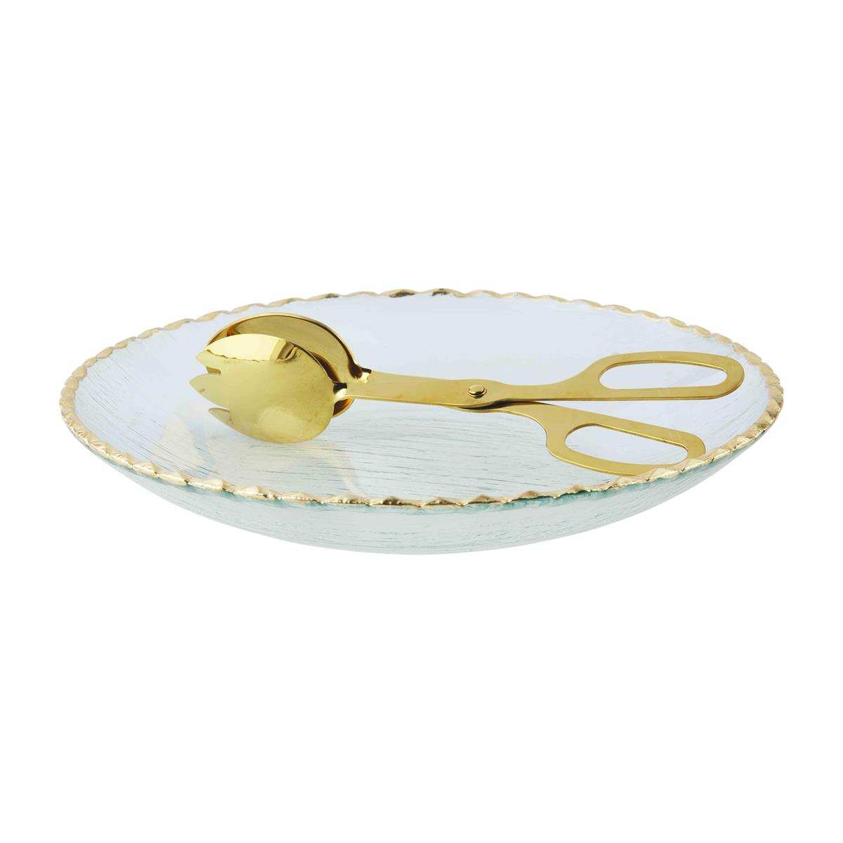 gold edge serving bowl and tong set on a white background