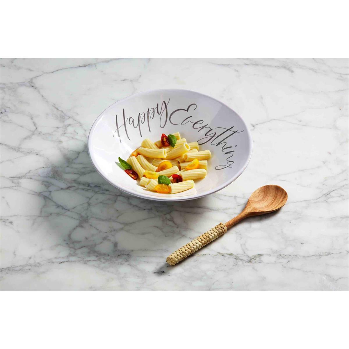 happy everything bowl and spoon set displayed with pasta salad inside on a white and gray marble surface