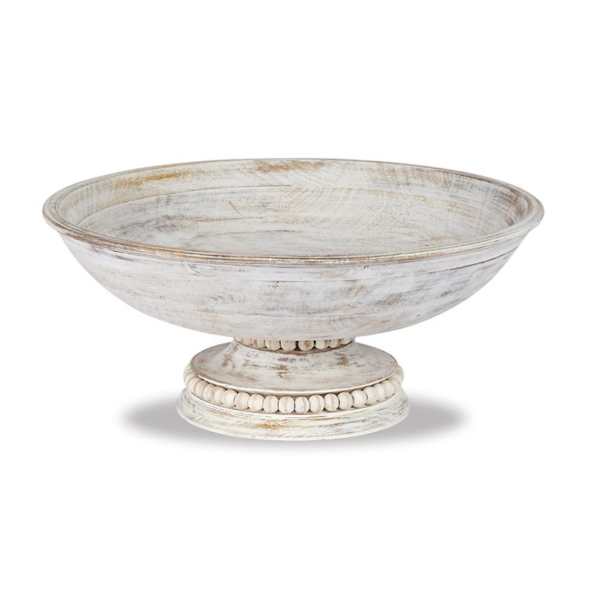 beaded wood pedestal bowl on a white background